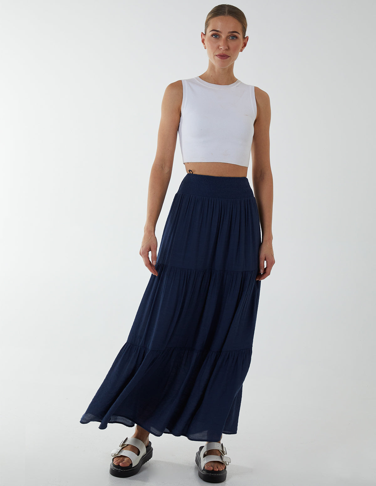 Shirring Waist Tiered Maxi Skirt 