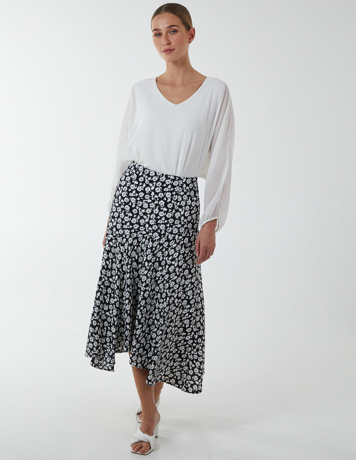Floral Print Asymmetric Midi Skirt - 10 / BLACK