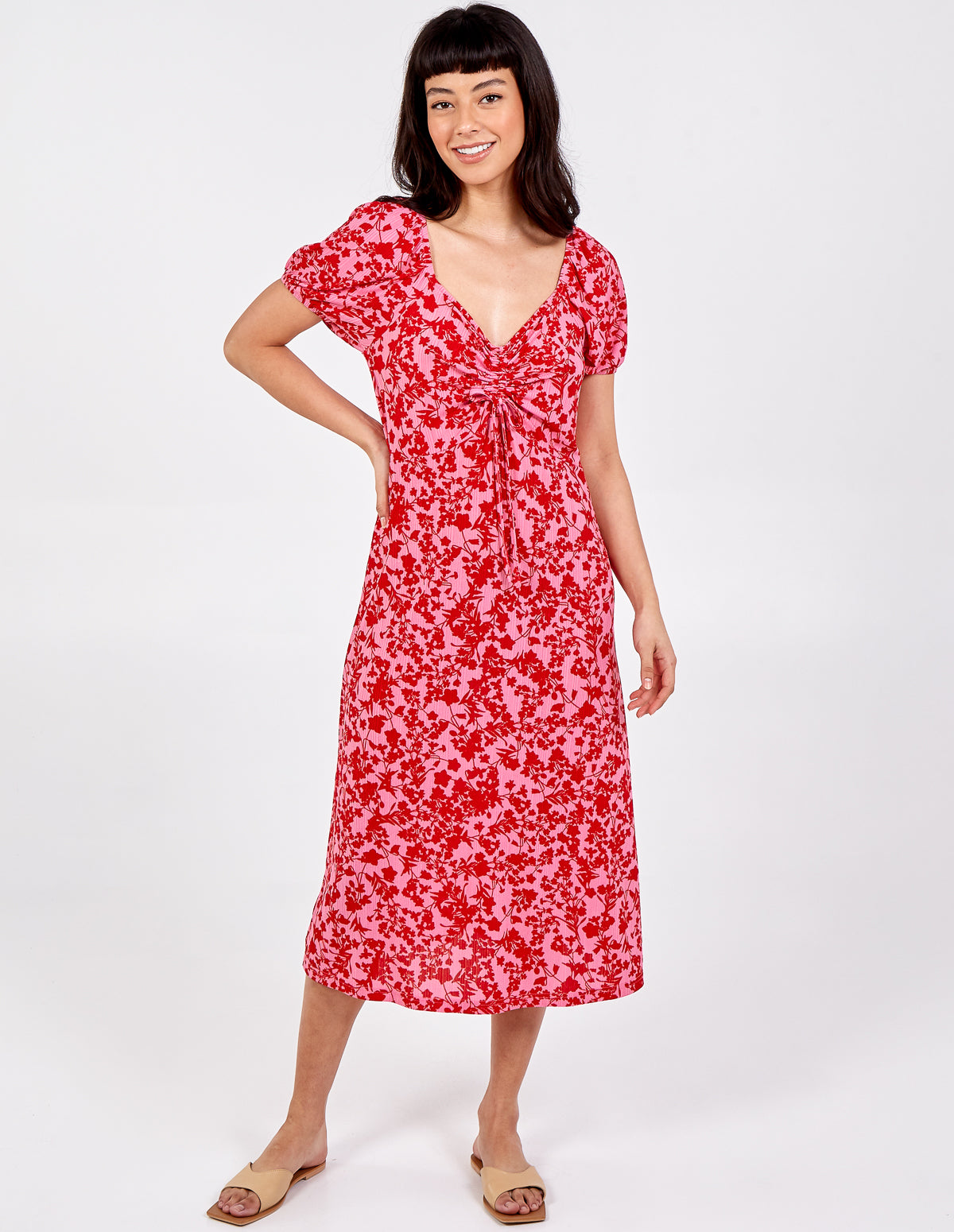 Square Neck Ruched Bust Midi Dress 
