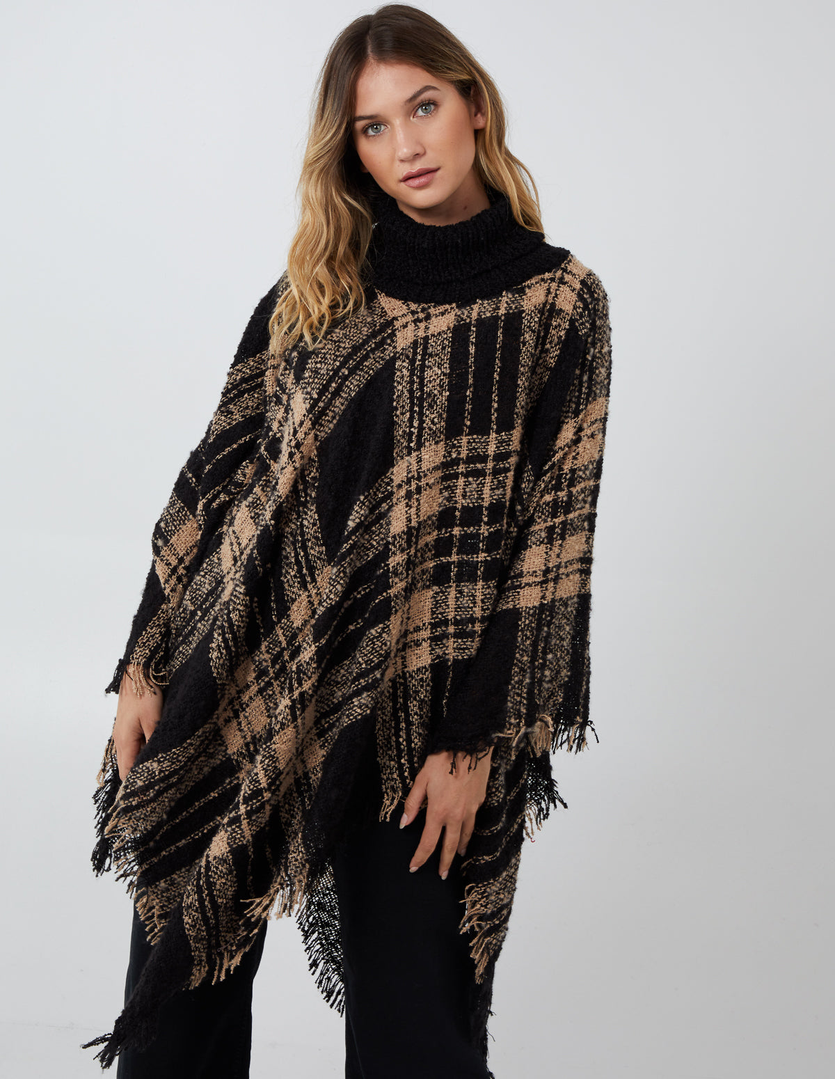 Check Roll Neck Poncho 