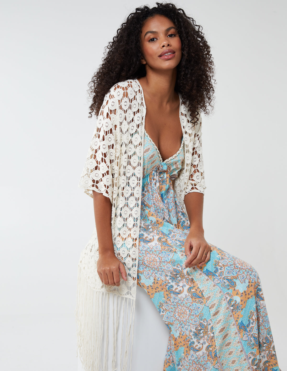 HALLIE - Longline Short Sleeve Crochet Fringe Kimono Cardigan - S