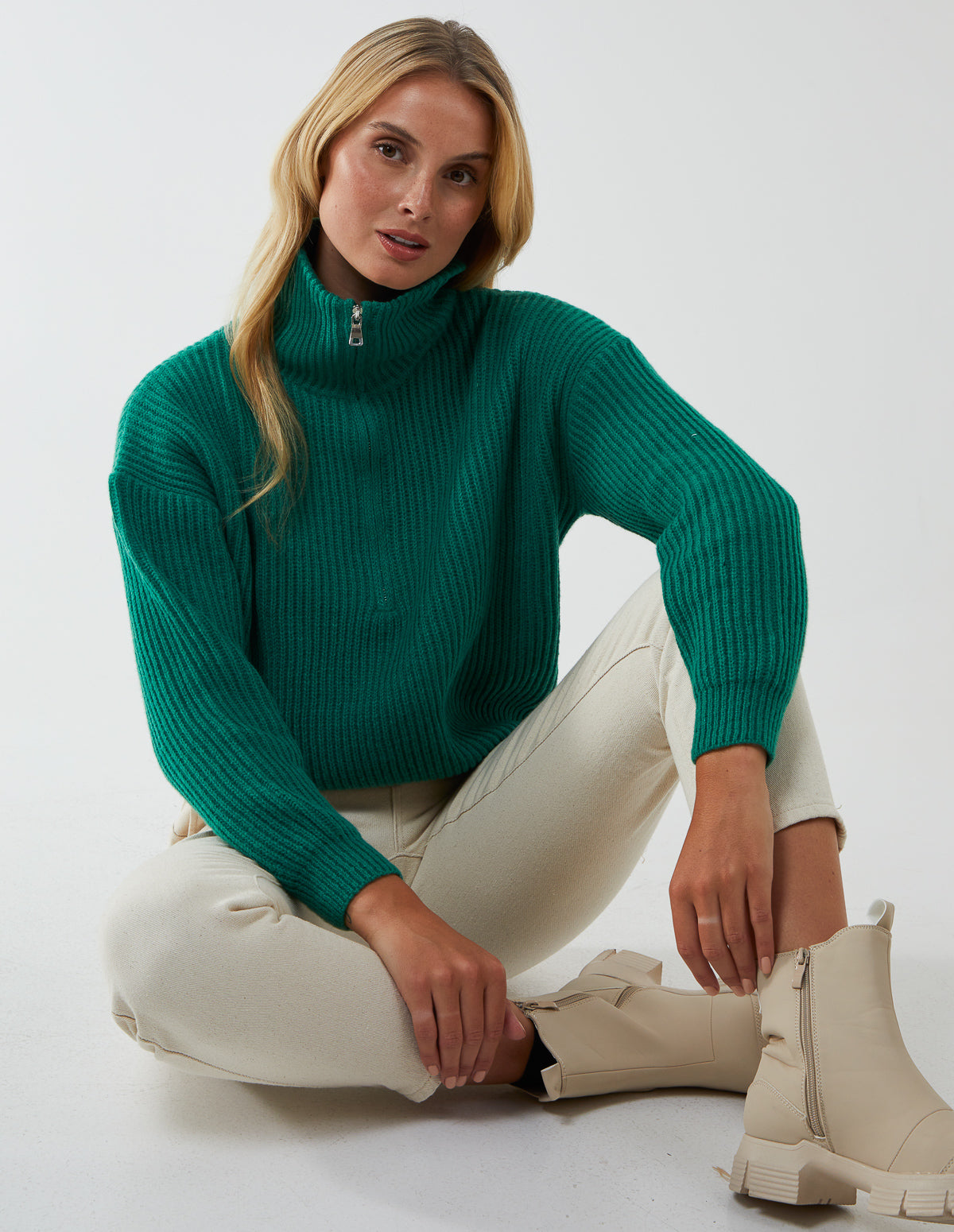 High Neck Half Zip Ribbed Jumper 