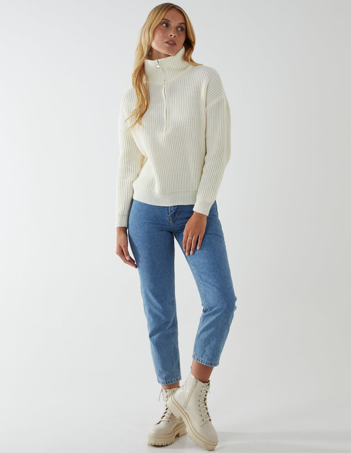 High Neck Half Zip Ribbed Jumper 