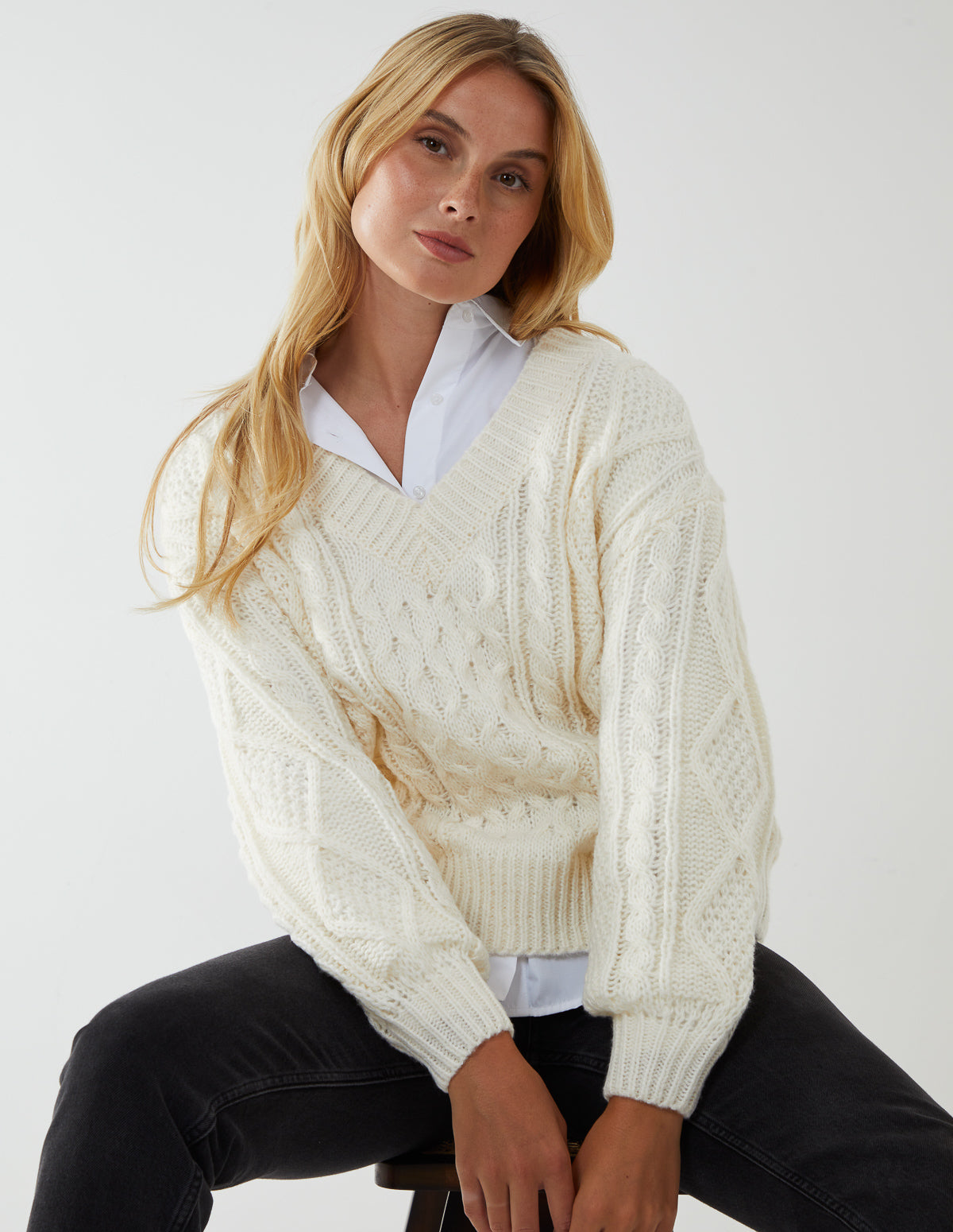 V Neck Cable Jumper 