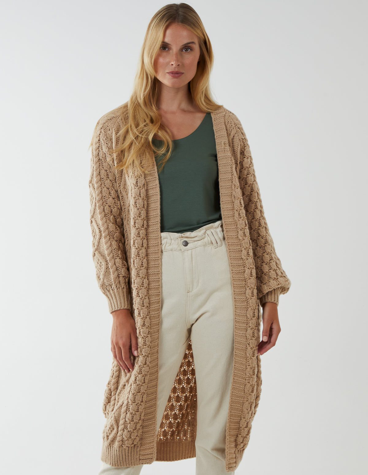 V Neck Cable Long Cardigan 