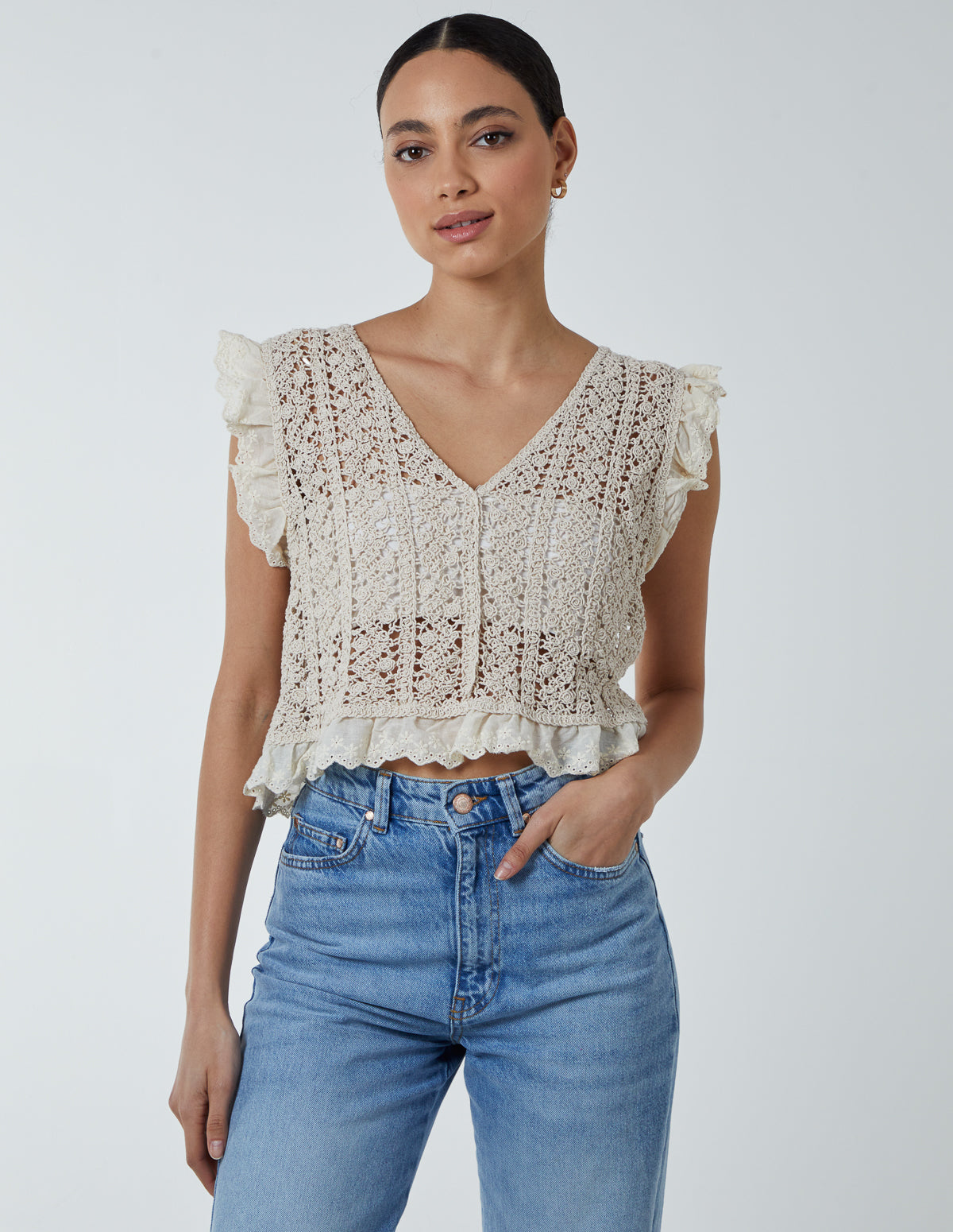 Crochet Frill Detail Vest - M/L / STONE