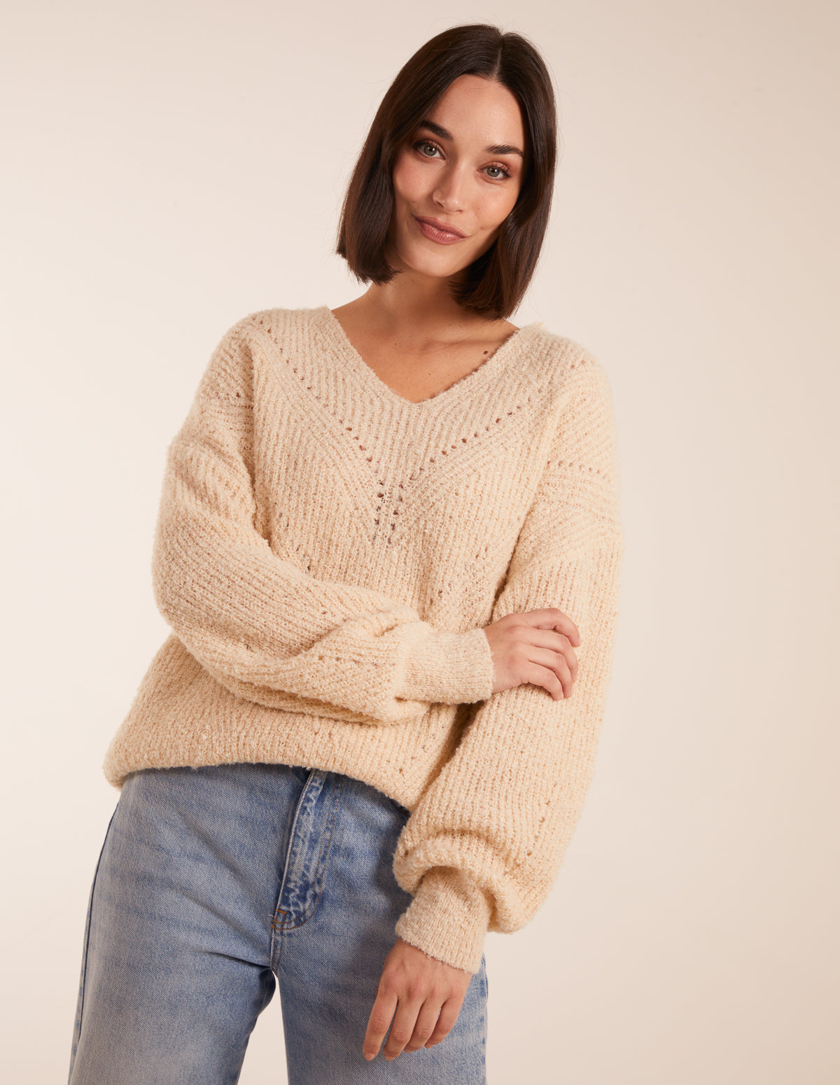 Pointelle Chevron Jumper - S/M / STONE