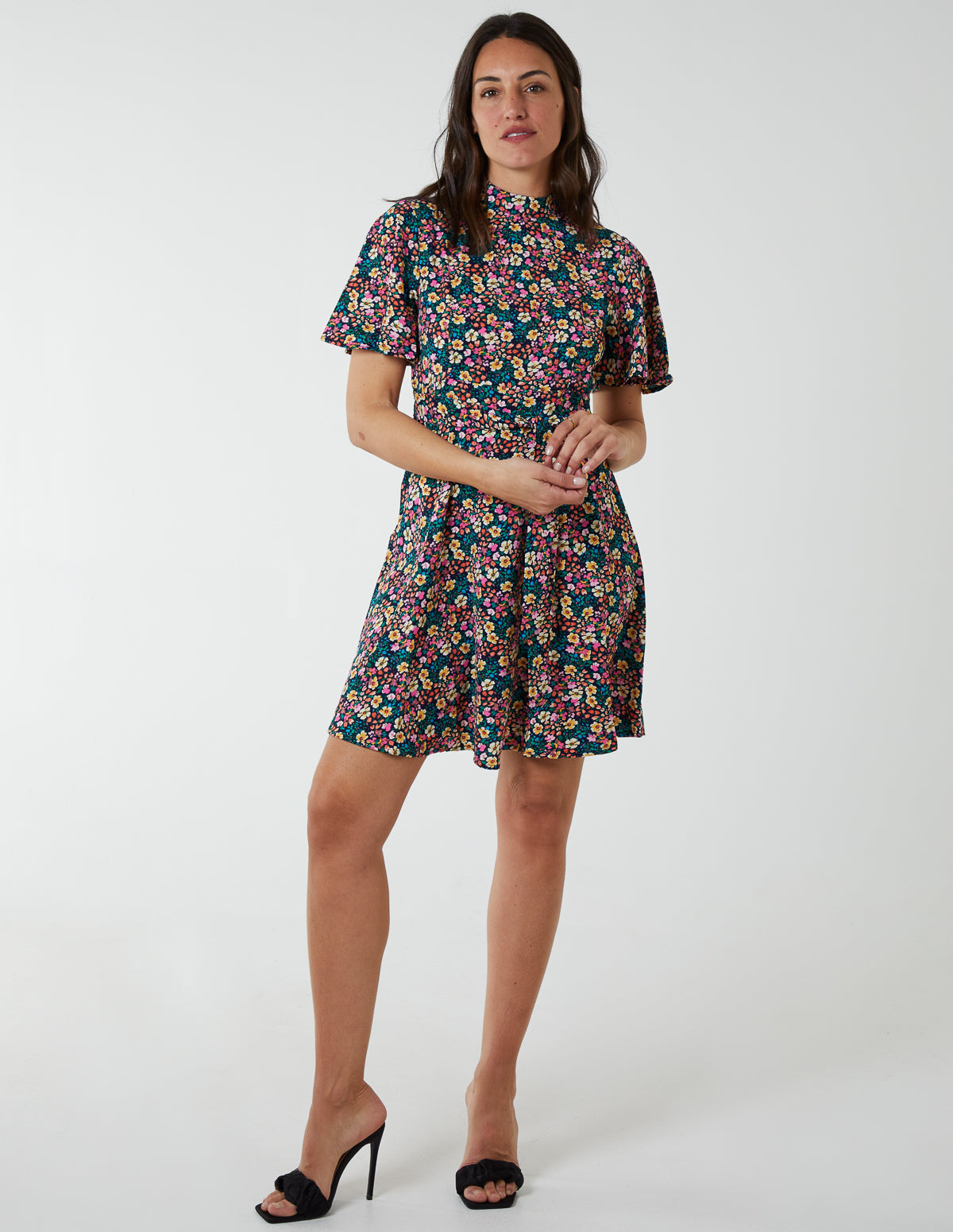 Floral Print Angel Sleeve Dress - 14 / NAVY