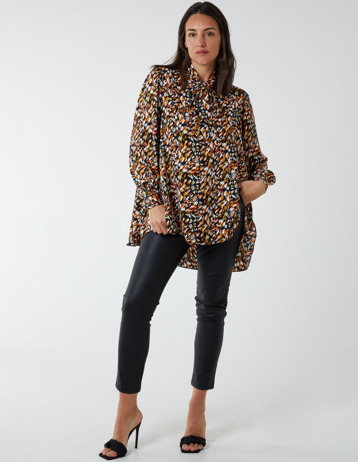 Abstract Animal Print Button Through Blouse - S/M / ORANGE PATTERN (BLUE VANILLA)