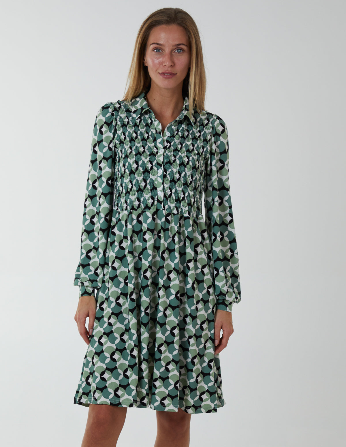 Shirred Bust Long Sleeve Shirt Dress - M / GREEN