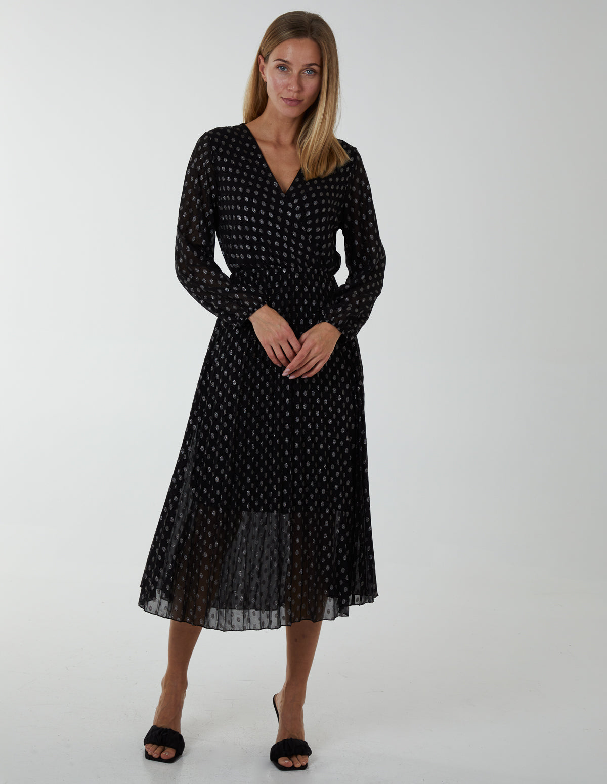 Pleated Wrap Metallic Spot Dress 