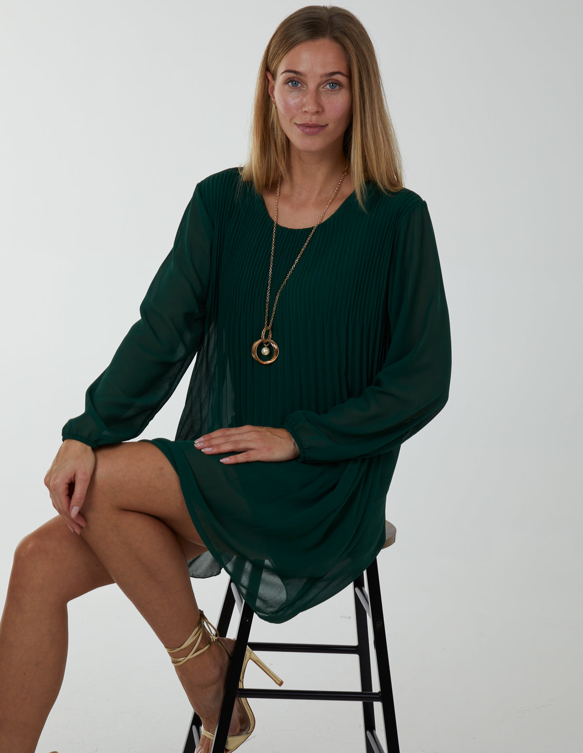 Long Sleeve Pleated Shift Dress 