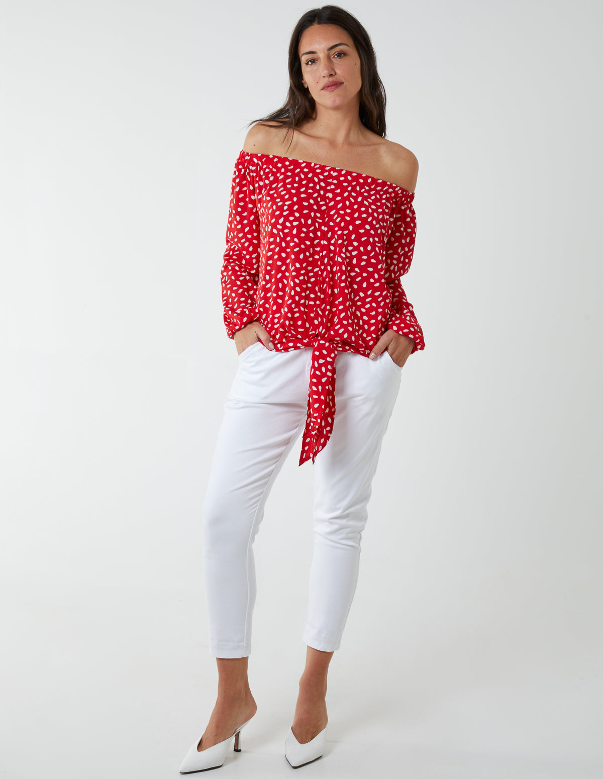 Bardot Balloon Sleeve Knot Top - M / RED