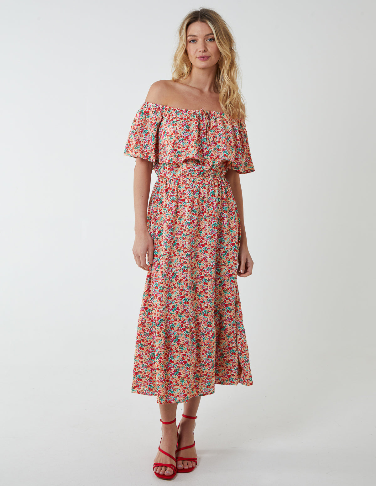 Bardot Ruffle Shoulder Midi Dress 