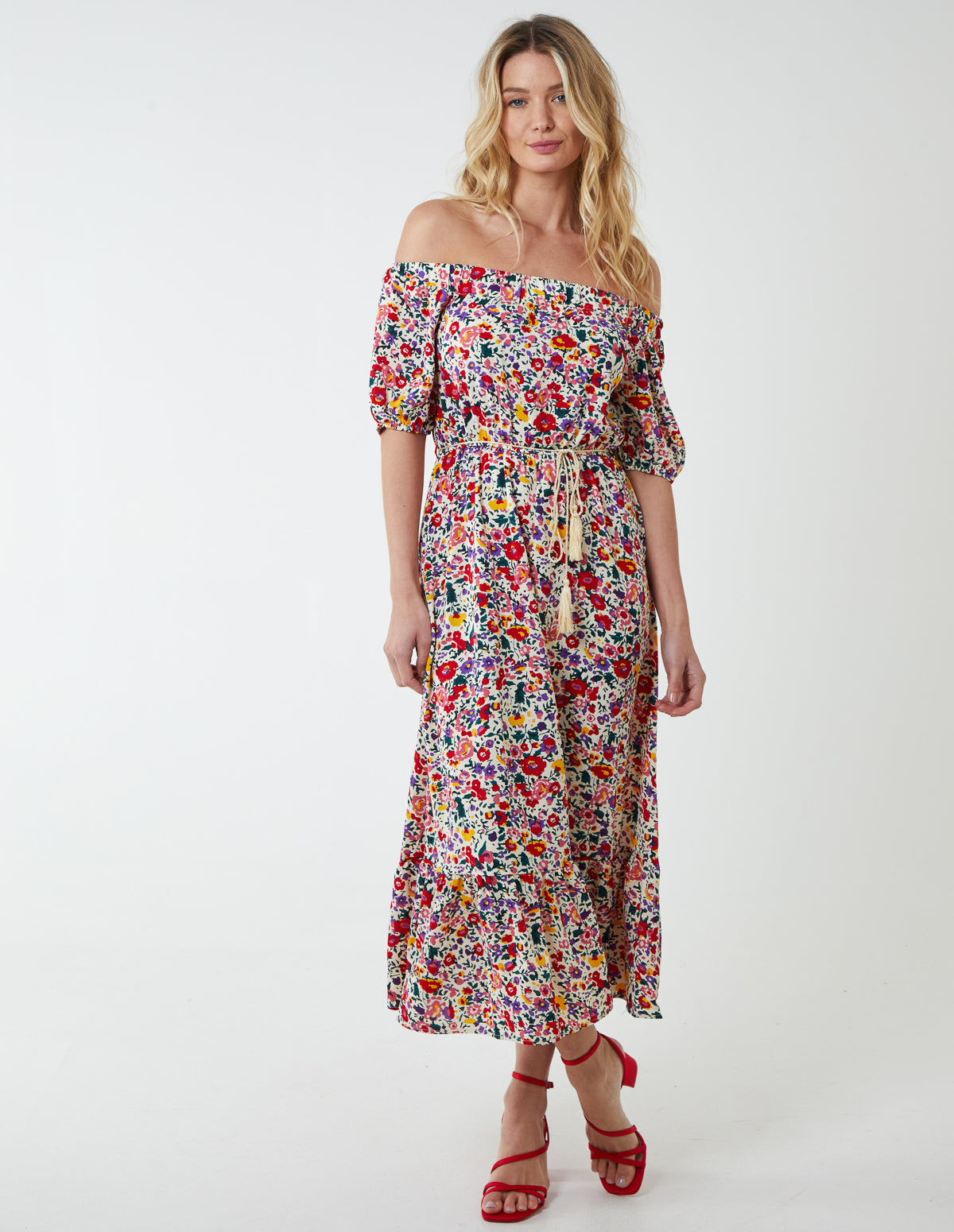 Bardot Midi Dress With Frill Hem 