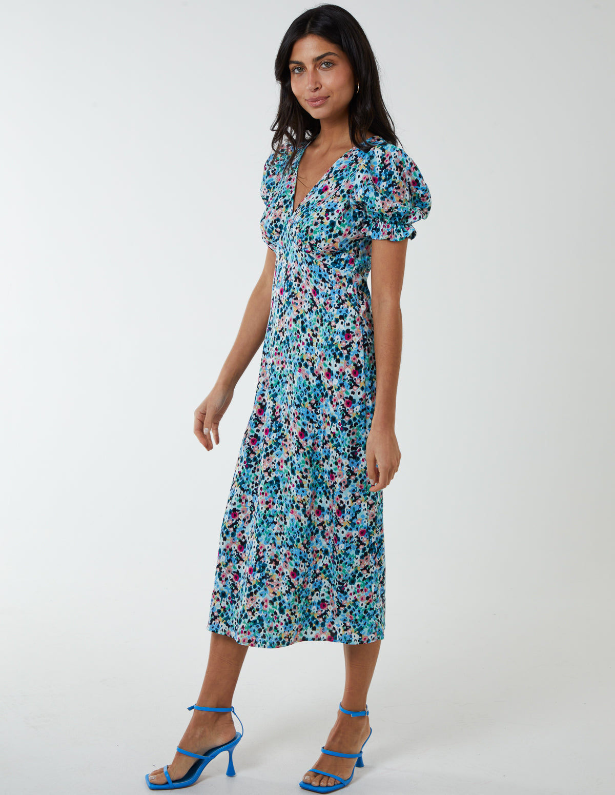 Frill Puff Sleeve Midi Dress - 14 / Turquoise (BLUE VANILLA)