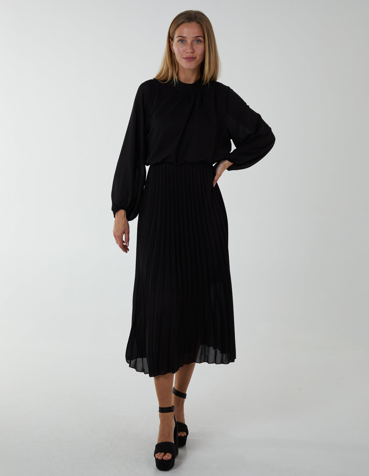 Pleated High Neck Blouson Dress 