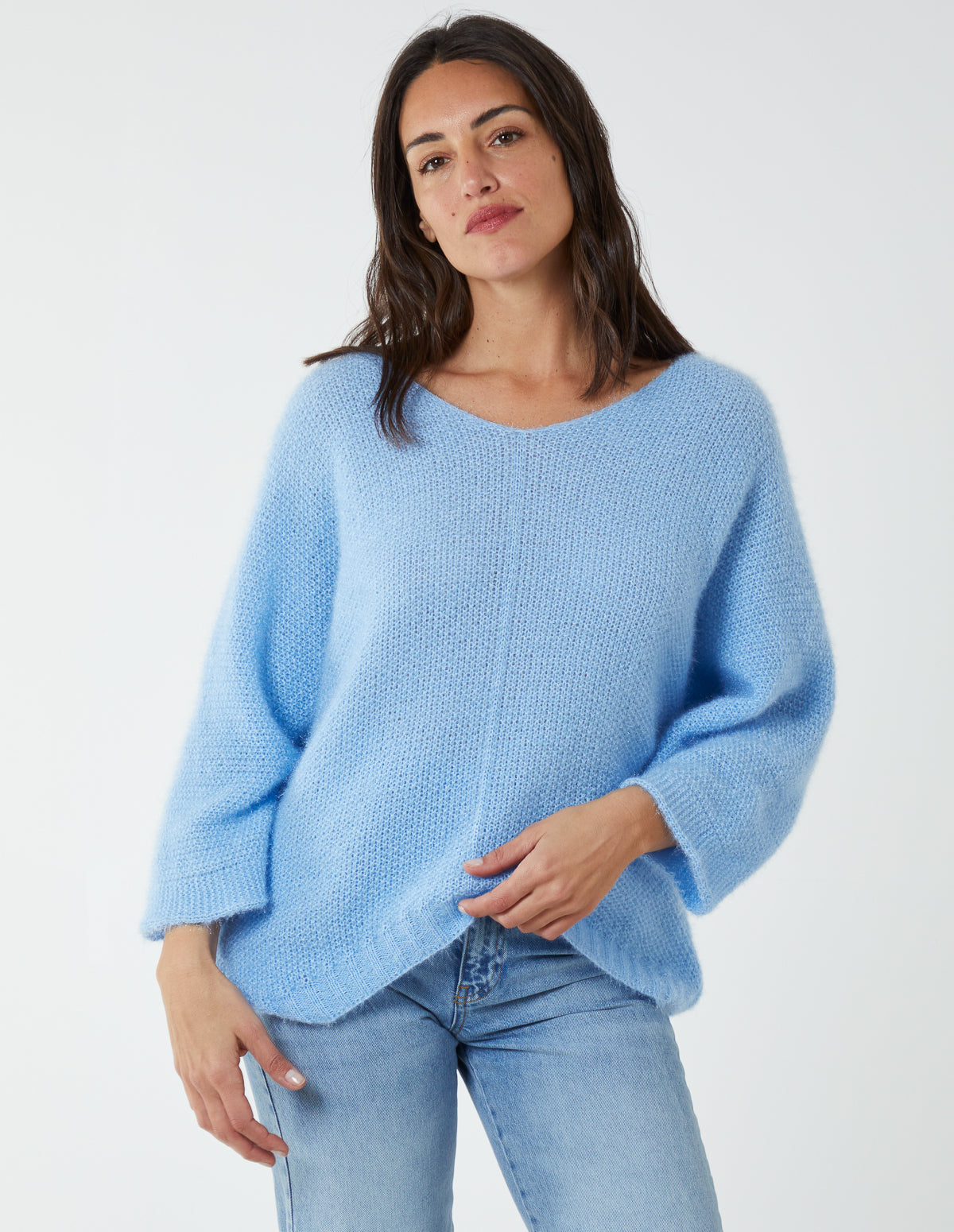 V Neck Seam Detail Jumper - ONE / Light Blue