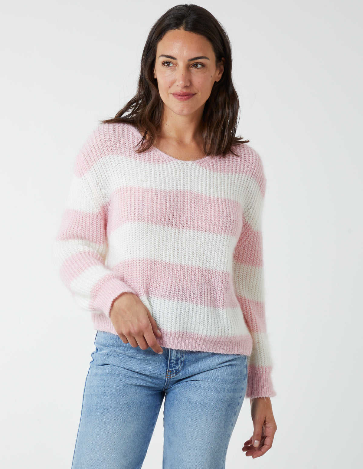 V-Neck Stripe Jumper - ONE / PINK