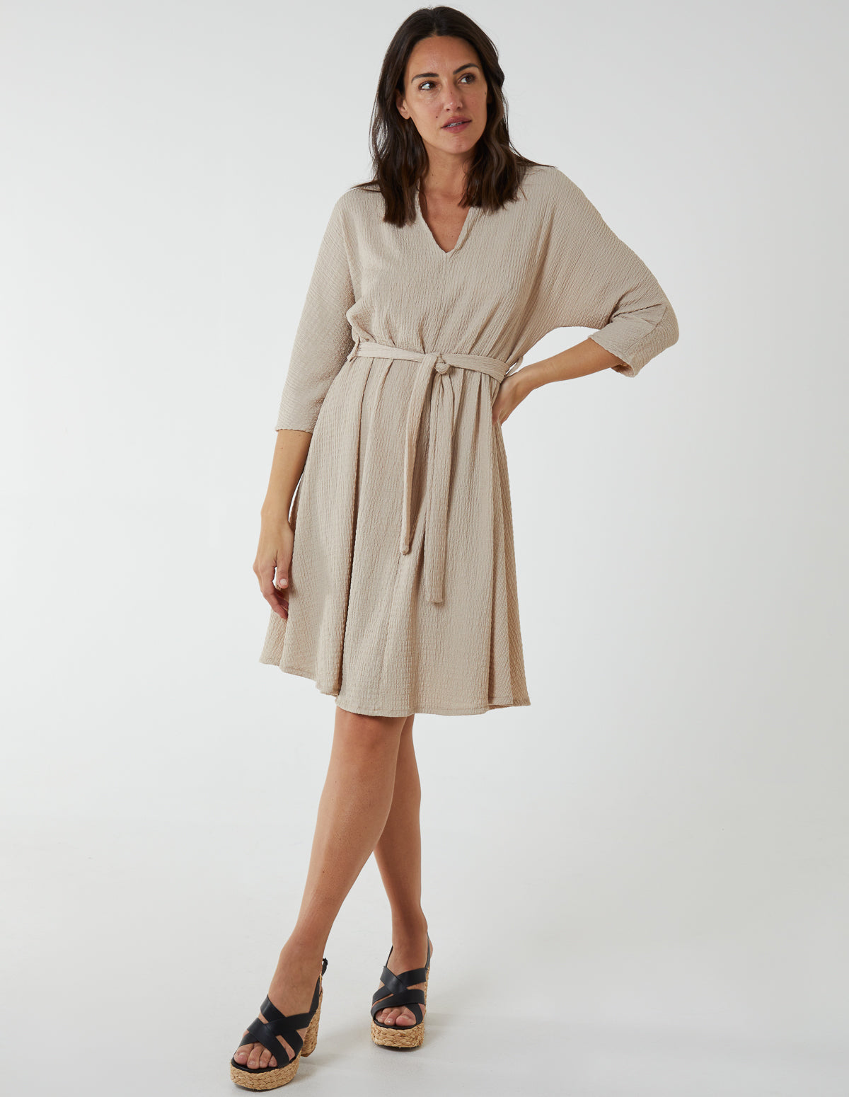 V Neck Crunchy Stitch Batwing Dress 