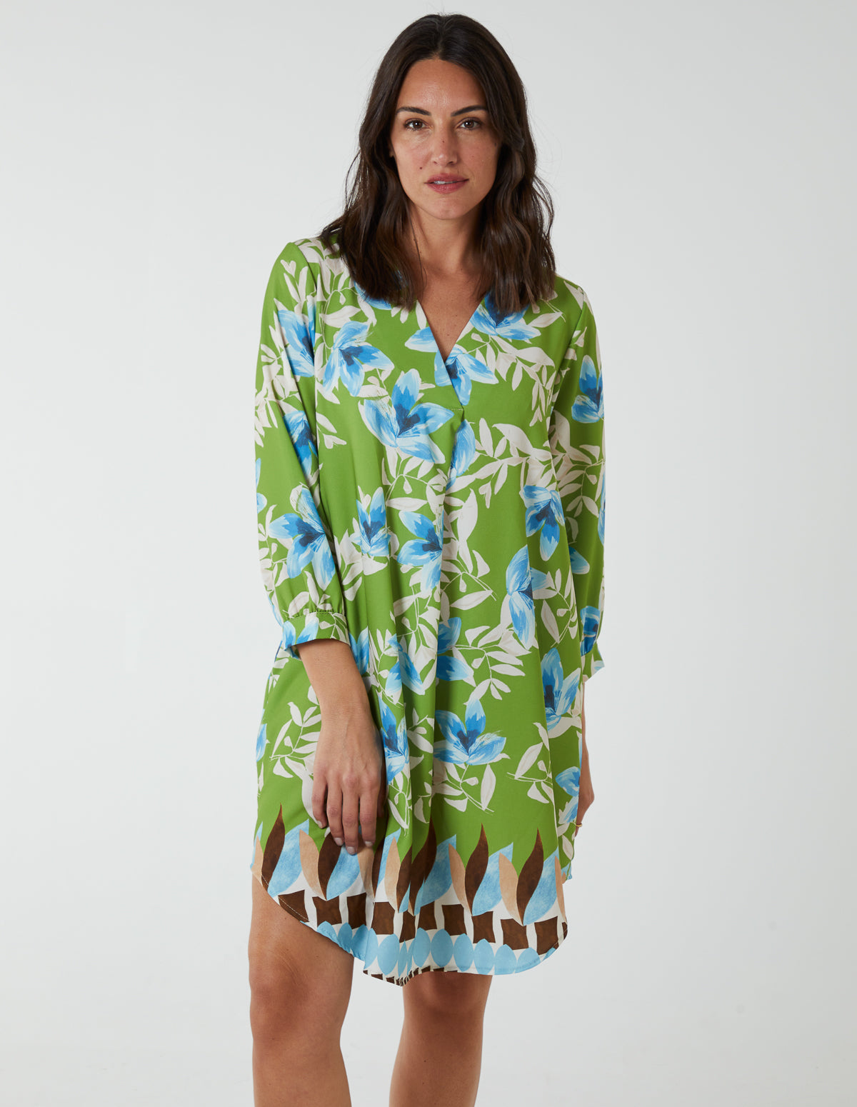 Floral Border Print V Neck Tunic Dress 