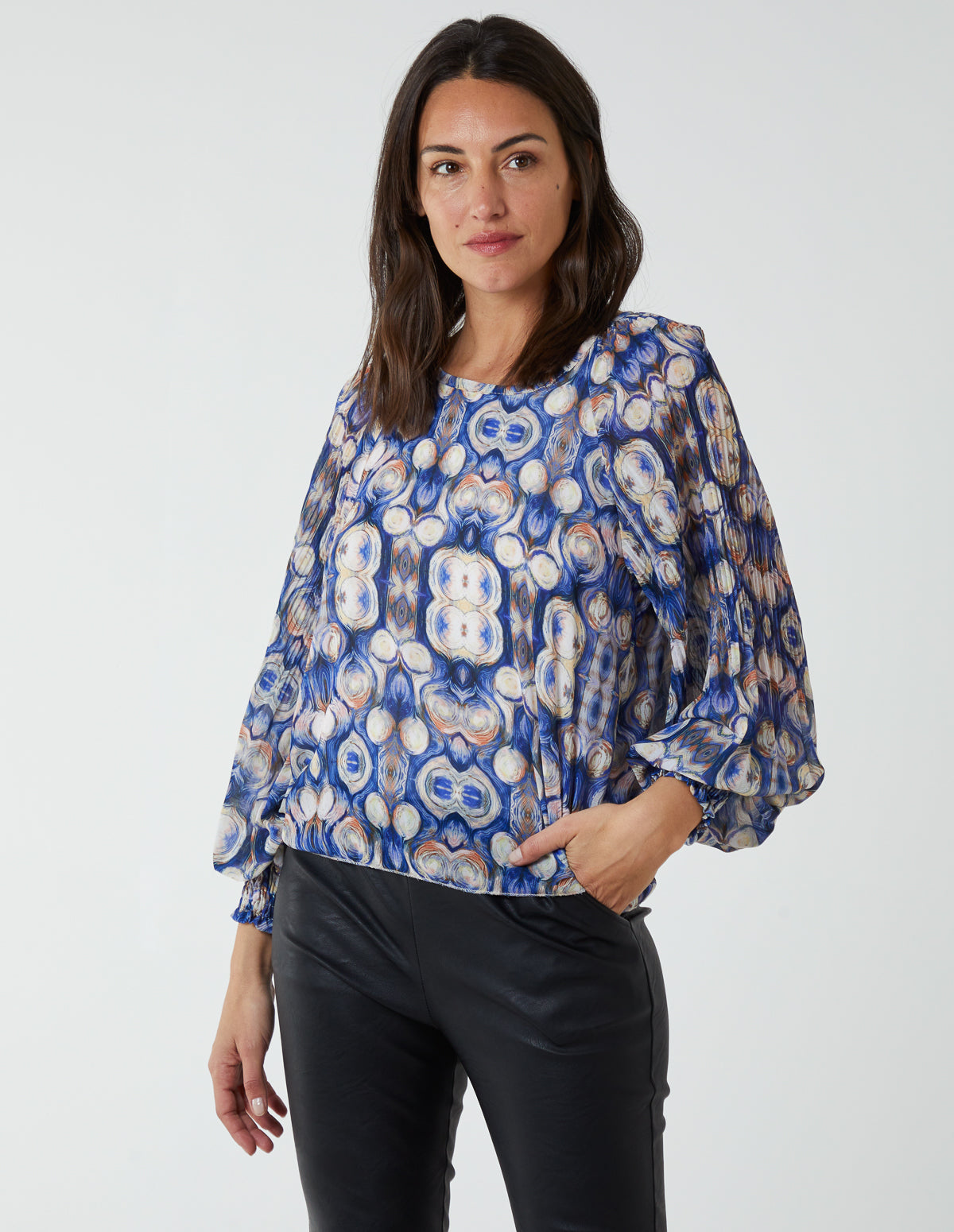 Pleated Sleeve Aztec Swirl Georgette Top - S/M / BLUE