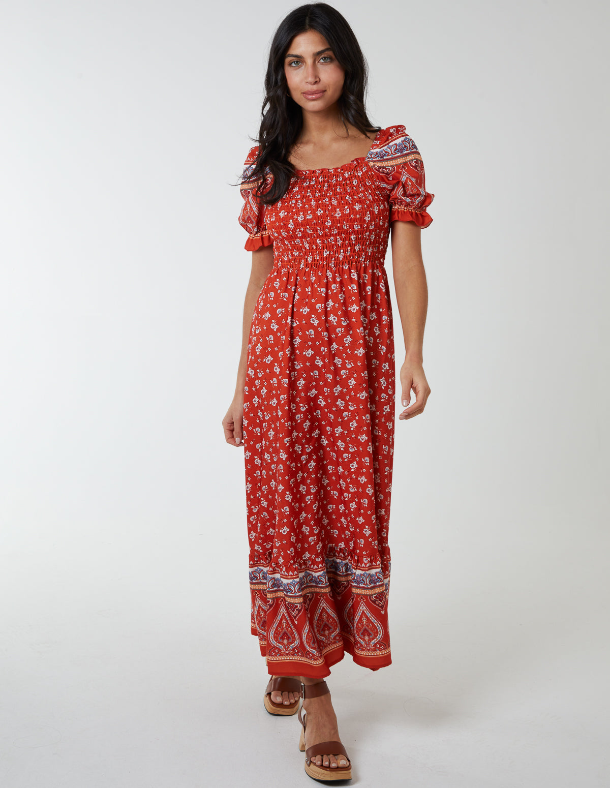 Shirred Floral Maxi Dress - 10 / ORANGE