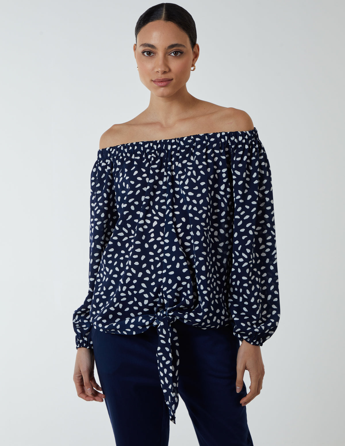 Off Shoulder Balloon Sleeve Knot Top 