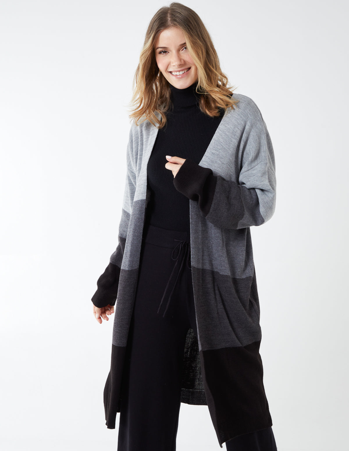 ELIZABETH - Longline Colour Block Cardigan - S-M / GREY