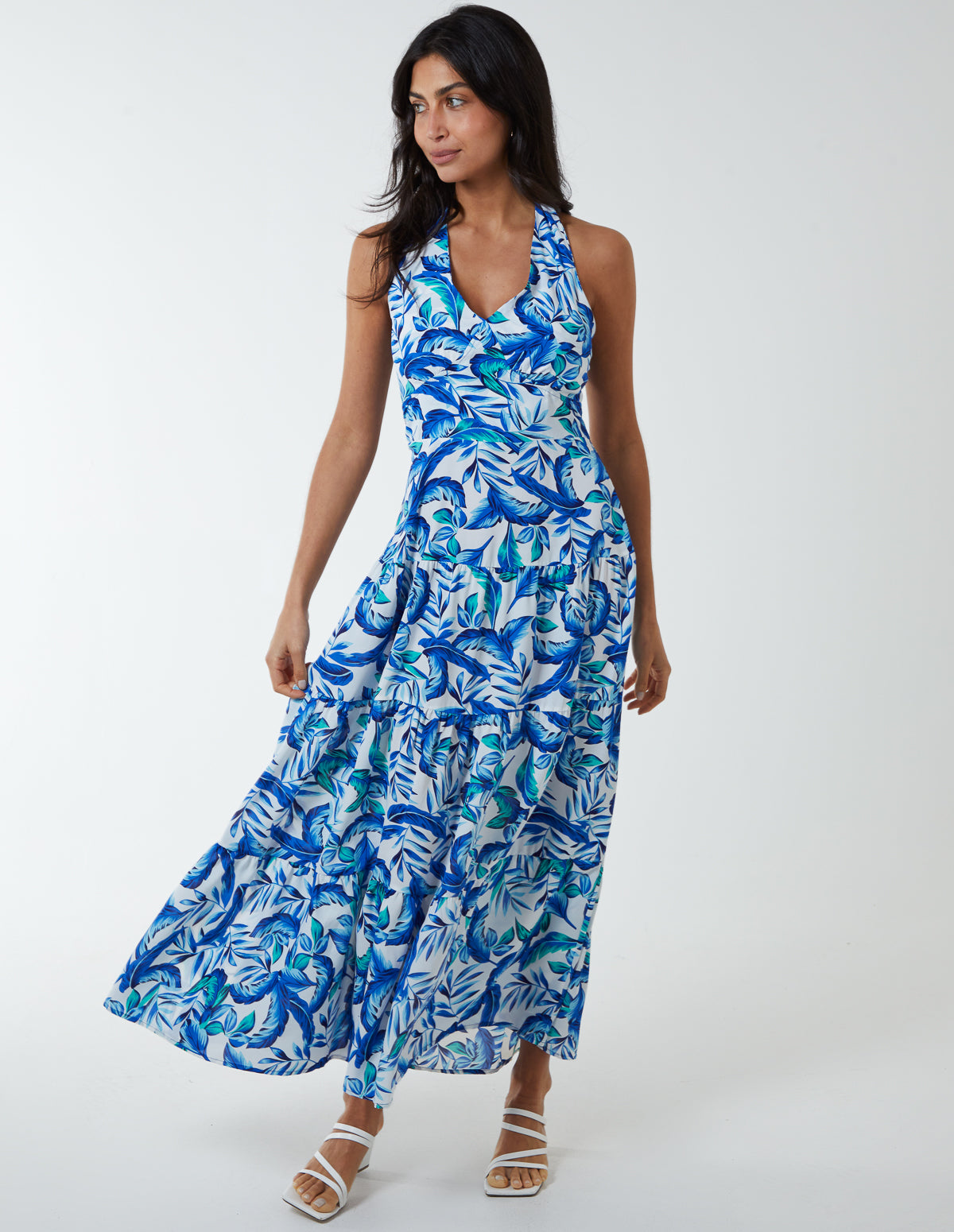 Halter Neck Printed Maxi Dress - 12 / BLUE