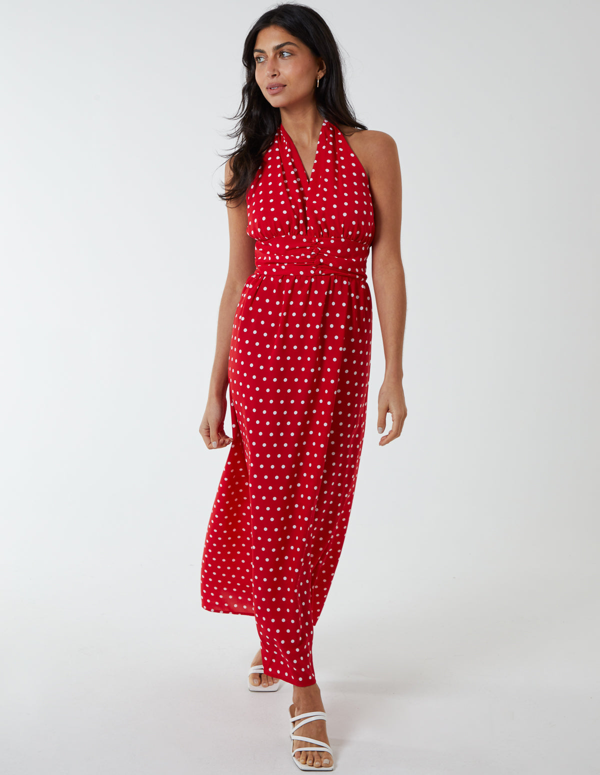 Polka Dot Halter Neck Maxi Dress - 10 / RED