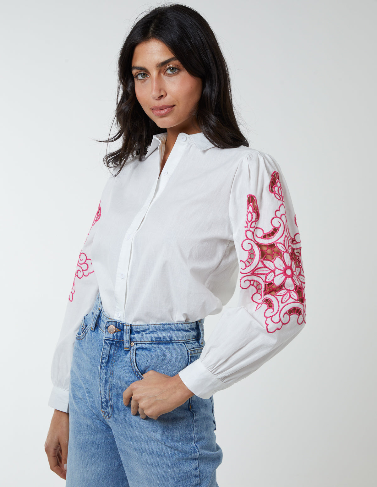Embroidery Sleeve Cut Out Shirt 