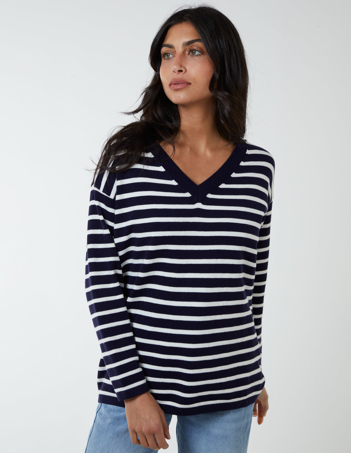 V Neck Sailor Stripe Jumper - S/M / NAVY