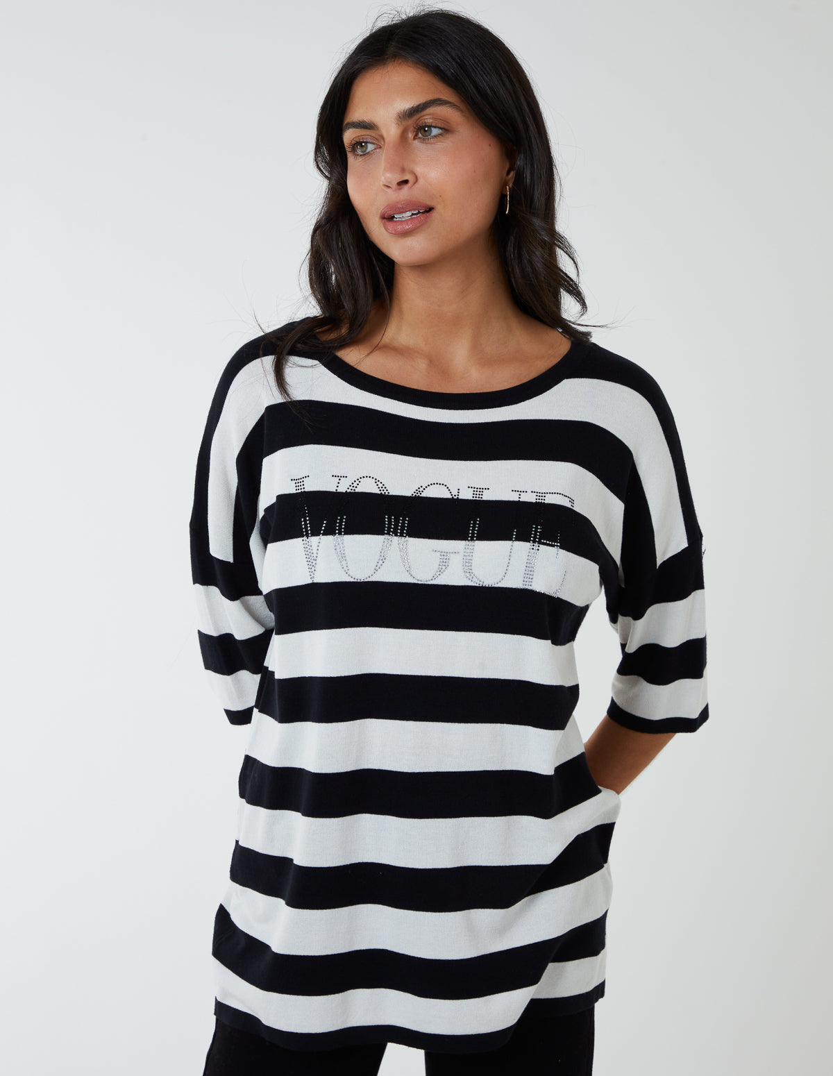 Striped T Shirt With Diamante Detail - M/L / BLACK