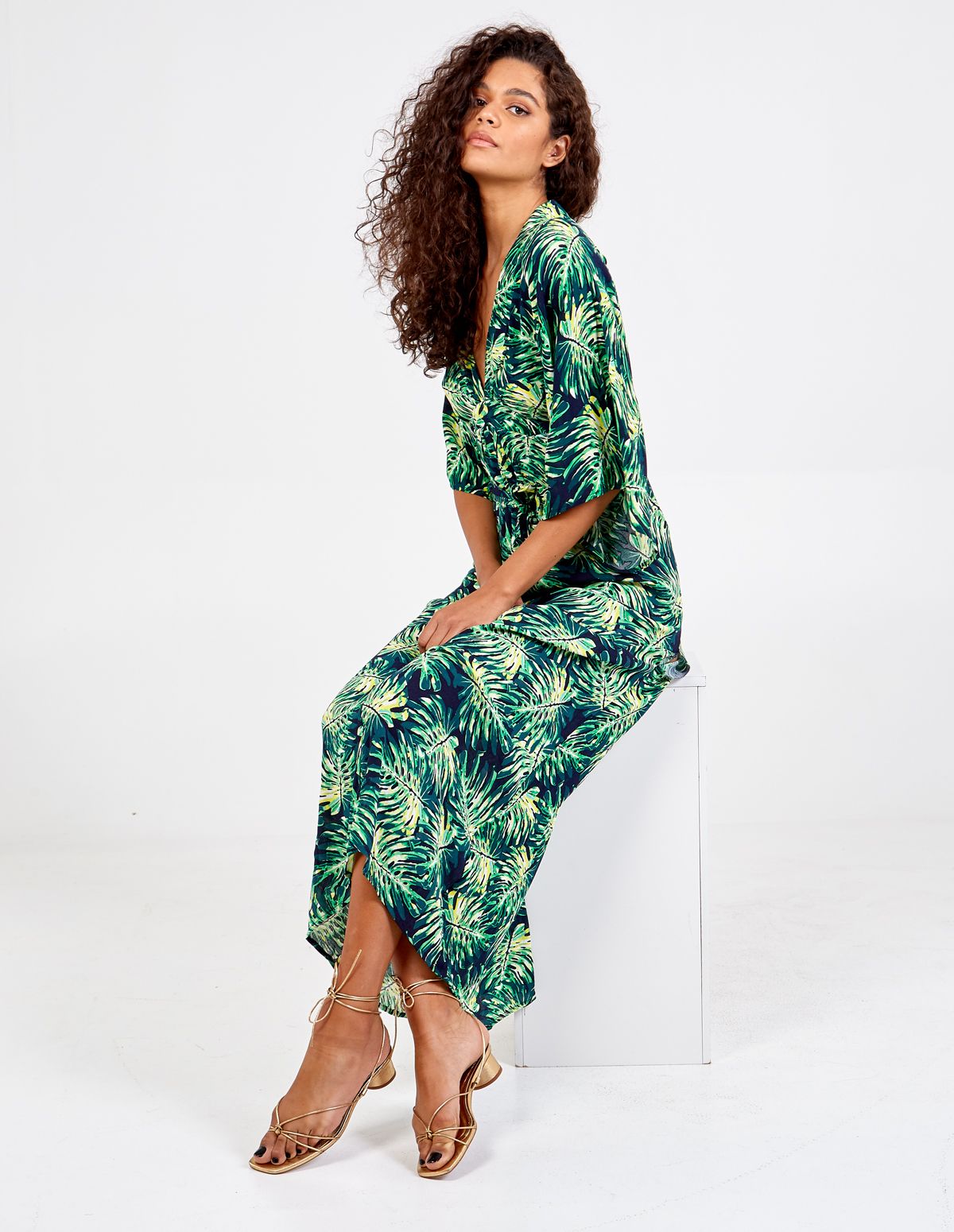 FRITHA - Tropical Print Kimono Maxi Dress 