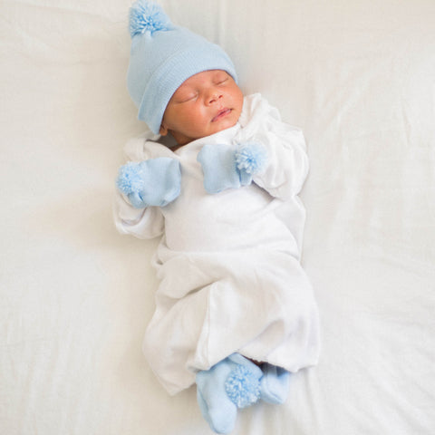 Blue Boy Pom Pom Newborn Boy Hat, Mittens and Booties Nursery SET ...