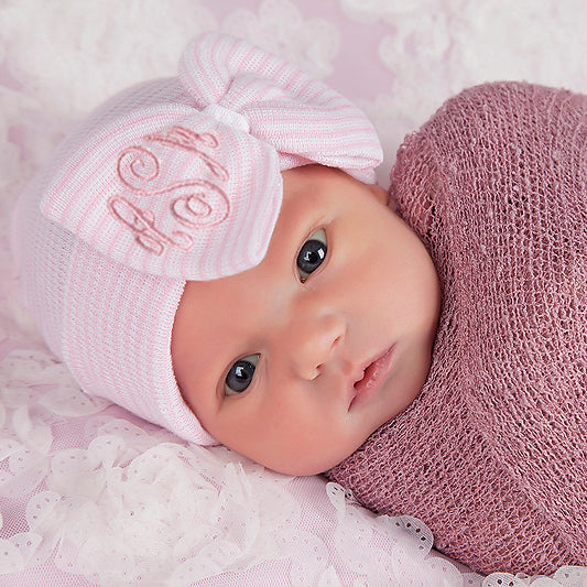 BabyMelons Monogrammed Newborn Baby Girl Hospital Beanie Hat with Bow and White Ribbon Center Infant Beanie Hat Newborn