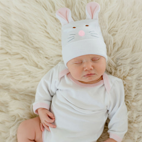 White Nursery Hat with Pink Frayed Flower Newborn Girl Hospital Hat ...