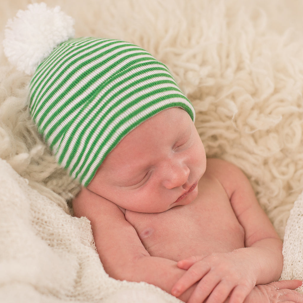 Navy And White Striped Nursery Beanie With White Pom Pom Newborn Boy Hospital Hat