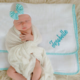 Personalized Sky Polka Dot Newborn Baby Girl Nursery Beanie Hat and Blanket Set - Handmade In USA - Infant Beanie Hat