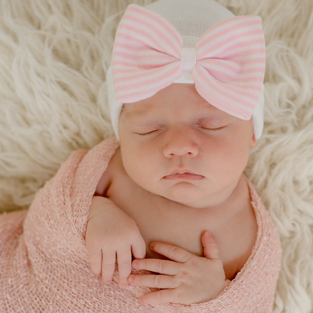 White Newborn Baby Girl Hospital Beanie Hat with Pink and White Striped ...