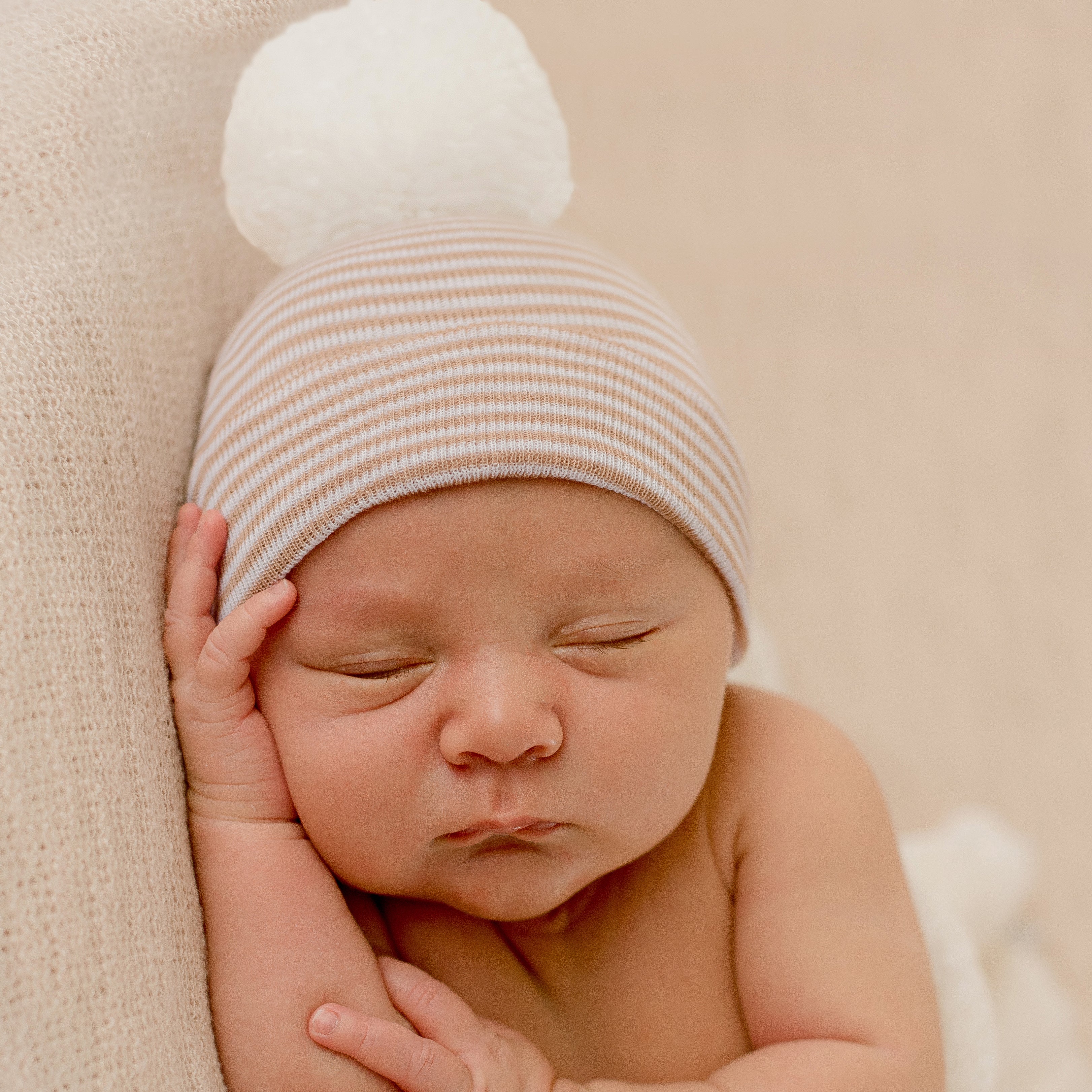 Tan and White Stripe Newborn Boy Hospital Beanie Hat With Pom Pom