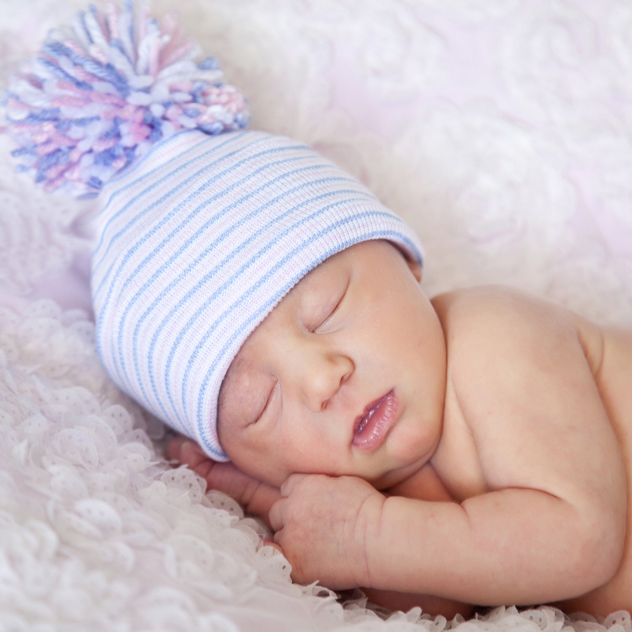 BabyMelons Newborn First Christmas Hospital Beanie Hat with Red Pom Pom, White Color Infant Beanie Hat Newborn Pom Pom Hat