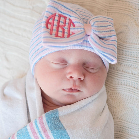 Monogrammed Traditional Nursery Striped Big Bow Newborn Girl Hospital Hat