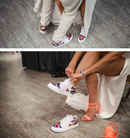 Custom Jordan 1 Low trainers customised for a wedding to match the bride and groom's colour scheme.