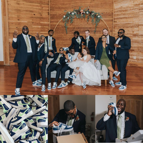 Collage of images of custom wedding shoes. One image of the whole wedding party (bridesmaids, groomsmen, bride and groom) all wearing matching custom Air Force 1s. Another image of the hand painted custom shoes.