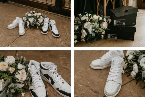 Collage of images of customised sneakers. The first pair is a black and white Jordan 1 Mid colourway. The other is a white Jordan 1 Mid with silver sparkly diamonte crystals added on the swooshes and around the toe boxes. 