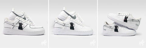 Air Force 1 Trainers with wedding theme of their dogs as cartoons, wedding dates and rings. 