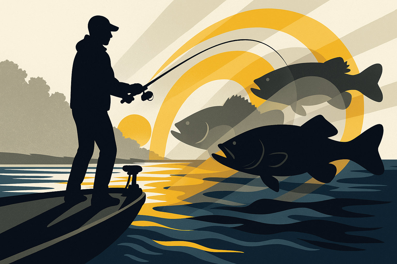 Silhouetted angler on boat at sunset with rippling water and layered bass silhouettes.