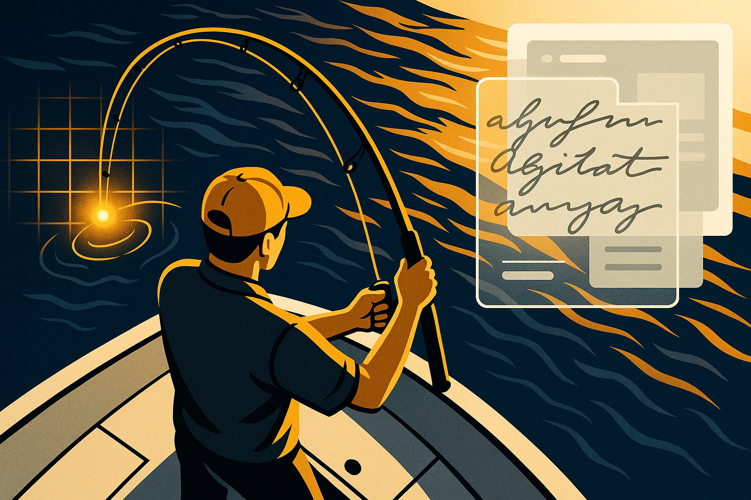 Overhead view of angler fishing on boat at sunset with digital and analog motifs.